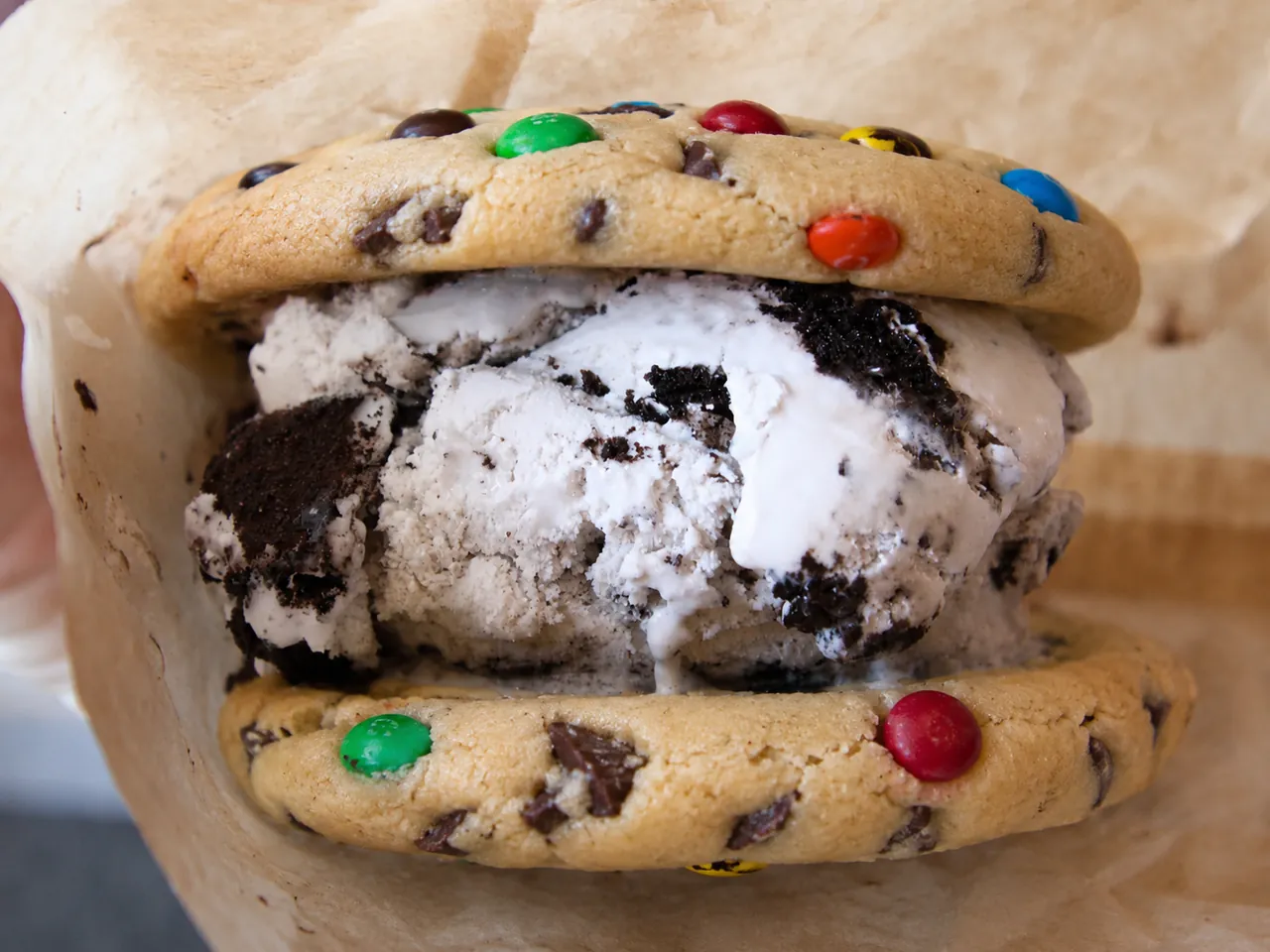 A freshly baked Cookie Monster ice cream sandwich