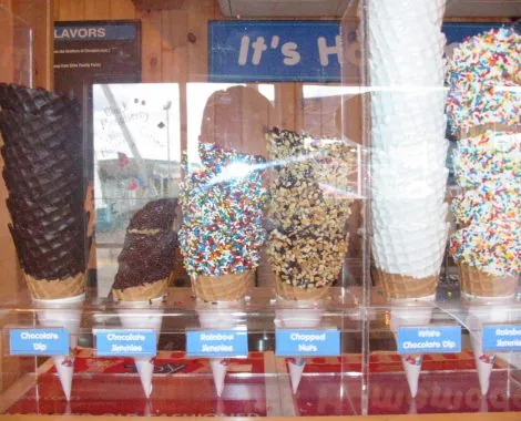 The hand-dipped waffle cone case, full of chocolate and sprinkle-dipped cones