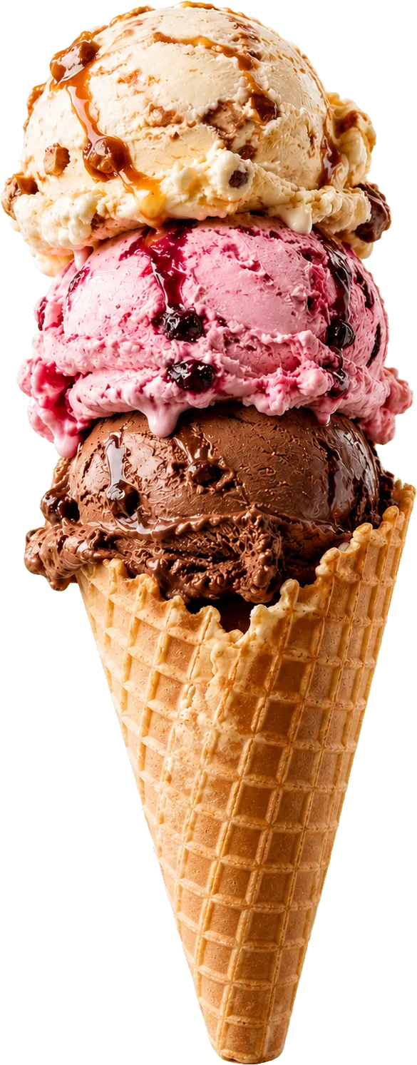 Triple-scoop waffle cone with caramel, berry, and chocolate ice cream